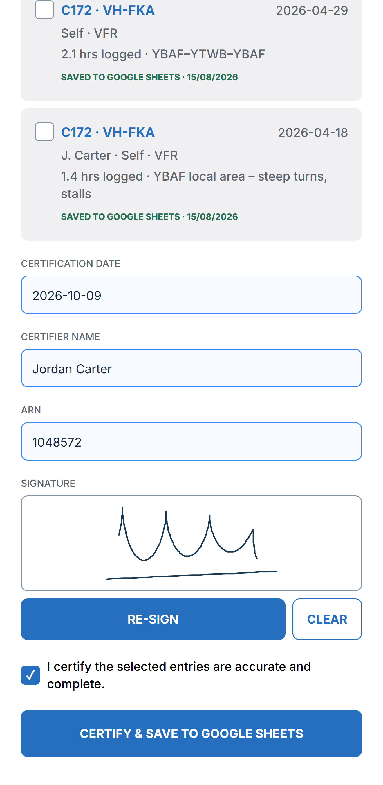 Certify entries screen with certifier name, ARN and a signature